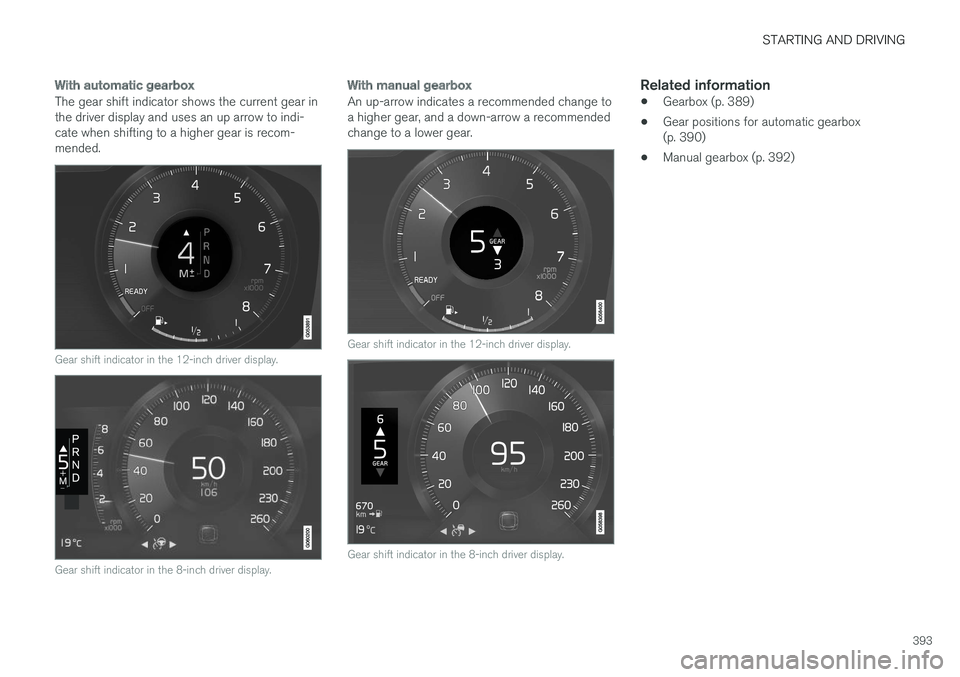 VOLVO V90 2017  Owners Manual STARTING AND DRIVING
393
With automatic gearbox
The gear shift indicator shows the current gear in the driver display and uses an up arrow to indi-cate when shifting to a higher gear is recom-mended.
