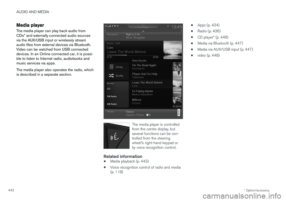VOLVO V90 2017 Owners Manual AUDIO AND MEDIA
* Option/accessory.
442
Media player
The media player can play back audio from CDs * and externally connected audio sources
via the AUX/USB input or wirelessly stream audio files from VOLVO V90 2017 Owners Manual AUDIO AND MEDIA
* Option/accessory.
442
Media player
The media player can play back audio from CDs * and externally connected audio sources
via the AUX/USB input or wirelessly stream audio files from