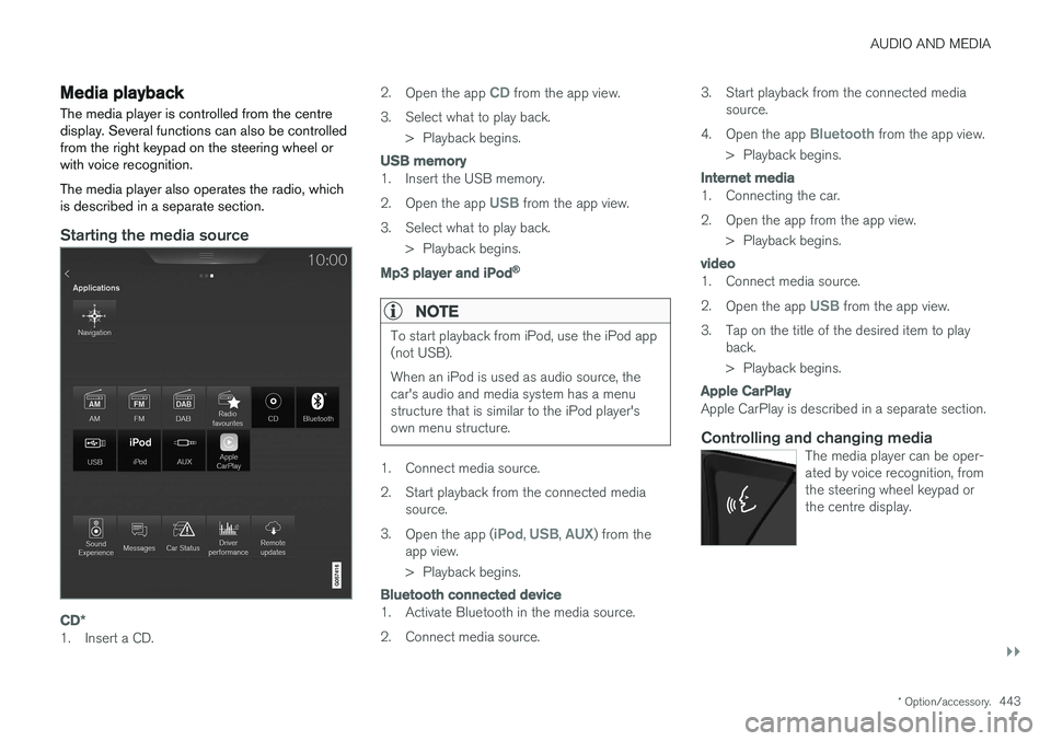 VOLVO V90 2017 Owners Manual AUDIO AND MEDIA
}}
* Option/accessory.443
Media playback The media player is controlled from the centre display. Several functions can also be controlledfrom the right keypad on the steering wheel orw VOLVO V90 2017 Owners Manual AUDIO AND MEDIA
}}
* Option/accessory.443
Media playback The media player is controlled from the centre display. Several functions can also be controlledfrom the right keypad on the steering wheel orw