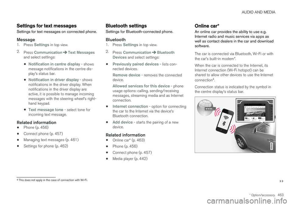 VOLVO V90 2017 Owners Manual AUDIO AND MEDIA
}}
* Option/accessory.463
Settings for text messages
Settings for text messages on connected phone.
Message1. Press Settings in top view.
2. Press
CommunicationText Messagesand select VOLVO V90 2017 Owners Manual AUDIO AND MEDIA
}}
* Option/accessory.463
Settings for text messages
Settings for text messages on connected phone.
Message1. Press Settings in top view.
2. Press
CommunicationText Messagesand select