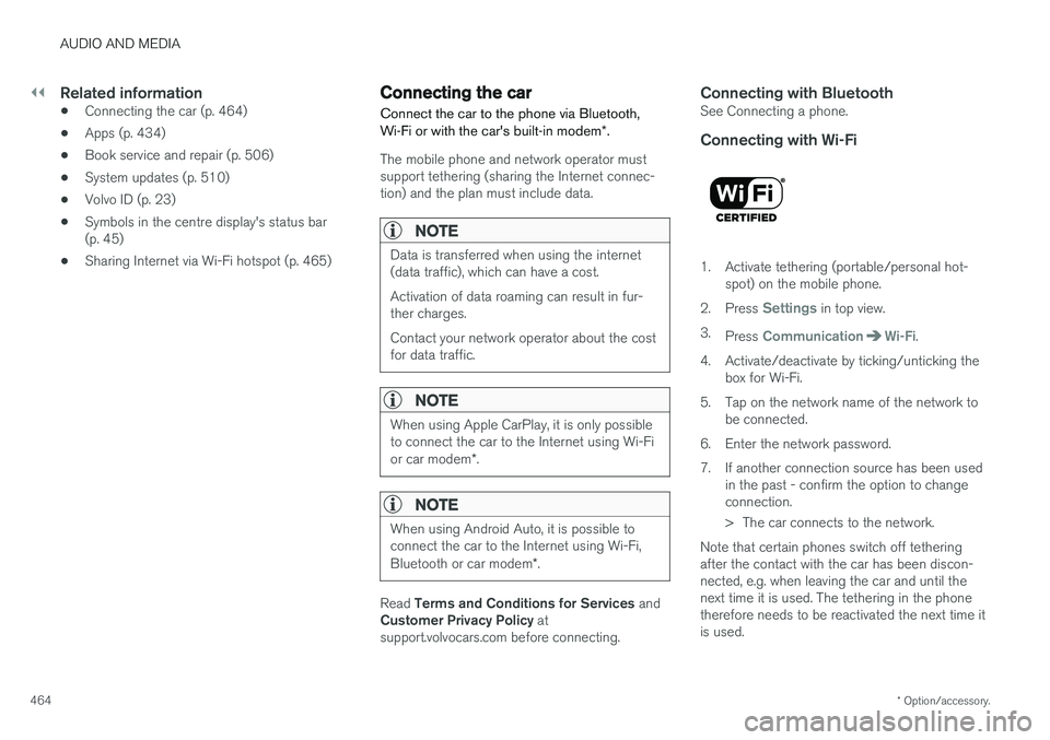 VOLVO V90 2017 Owners Manual ||
AUDIO AND MEDIA
* Option/accessory.
464
Related information
• Connecting the car (p. 464)
• Apps (p. 434)
• Book service and repair (p. 506)
• System updates (p. 510)
• Volvo ID (p. 23)
VOLVO V90 2017 Owners Manual ||
AUDIO AND MEDIA
* Option/accessory.
464
Related information
• Connecting the car (p. 464)
• Apps (p. 434)
• Book service and repair (p. 506)
• System updates (p. 510)
• Volvo ID (p. 23)