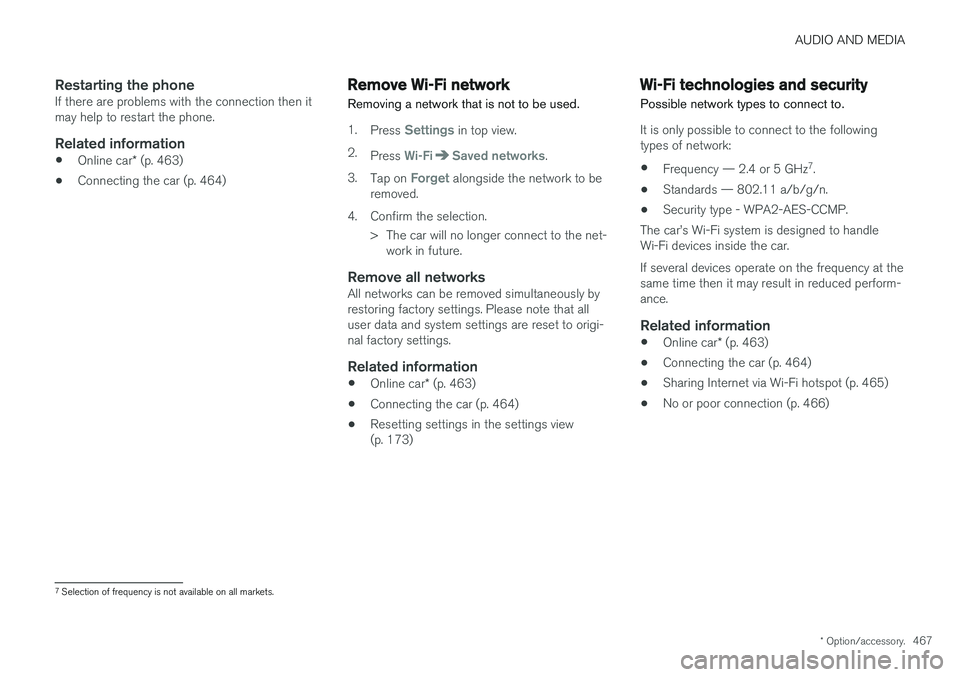 VOLVO V90 2017 Owners Manual AUDIO AND MEDIA
* Option/accessory.467
Restarting the phoneIf there are problems with the connection then it may help to restart the phone.
Related information
•Online car
* (p. 463)
• Connecting VOLVO V90 2017 Owners Manual AUDIO AND MEDIA
* Option/accessory.467
Restarting the phoneIf there are problems with the connection then it may help to restart the phone.
Related information
•Online car
* (p. 463)
• Connecting