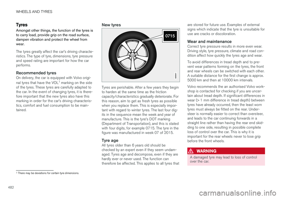 VOLVO V90 2017  Owners Manual WHEELS AND TYRES
482
TyresAmongst other things, the function of the tyres is to carry load, provide grip on the road surface,dampen vibration and protect the wheel fromwear.
The tyres greatly affect t