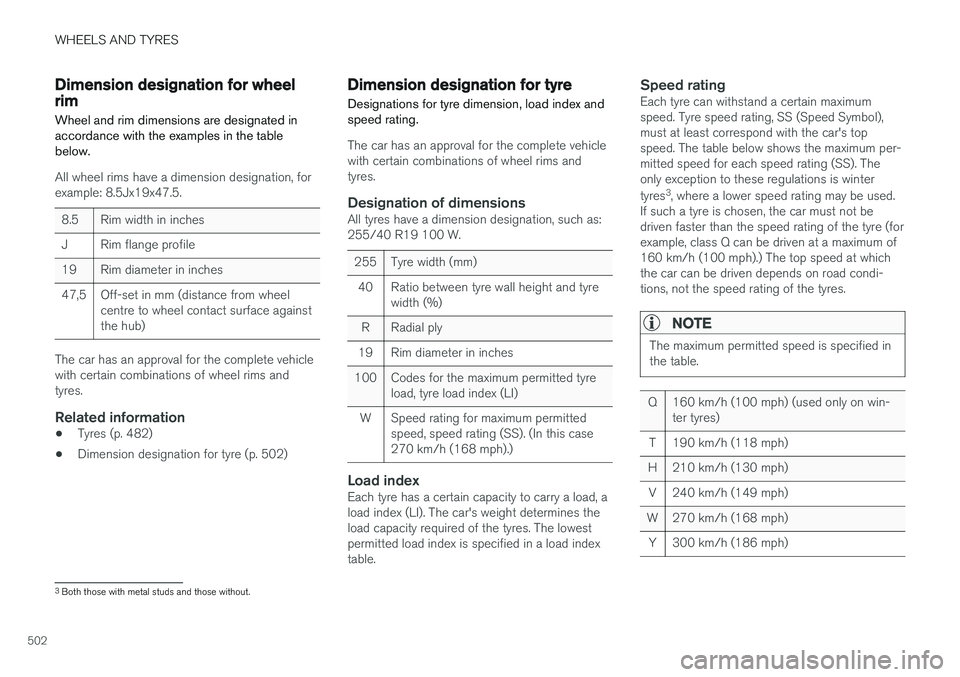 VOLVO V90 2017 Owners Manual WHEELS AND TYRES
502
Dimension designation for wheel rim
Wheel and rim dimensions are designated in accordance with the examples in the tablebelow.
All wheel rims have a dimension designation, for exa VOLVO V90 2017 Owners Manual WHEELS AND TYRES
502
Dimension designation for wheel rim
Wheel and rim dimensions are designated in accordance with the examples in the tablebelow.
All wheel rims have a dimension designation, for exa