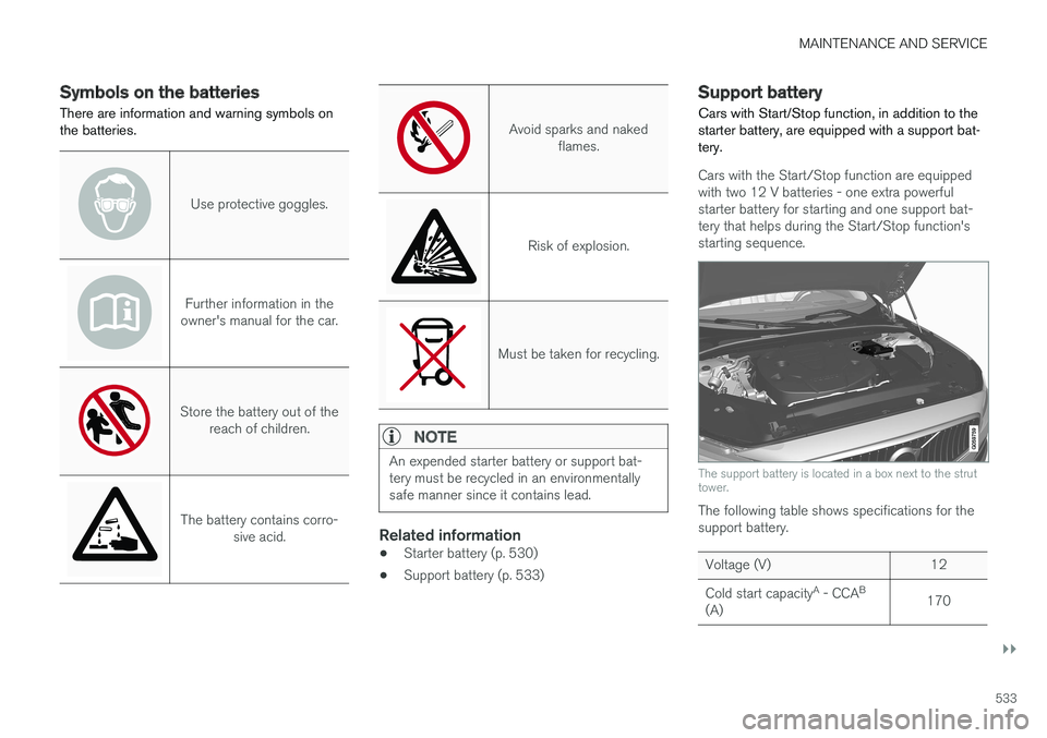 VOLVO V90 2017 Owners Manual MAINTENANCE AND SERVICE
}}
533
Symbols on the batteries
There are information and warning symbols on the batteries.
Use protective goggles.
Further information in the
owner's manual for the car.
S VOLVO V90 2017 Owners Manual MAINTENANCE AND SERVICE
}}
533
Symbols on the batteries
There are information and warning symbols on the batteries.
Use protective goggles.
Further information in the
owner's manual for the car.
S