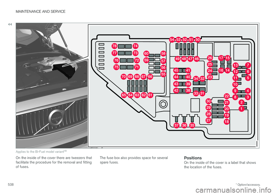 VOLVO V90 2017 Owners Manual ||
MAINTENANCE AND SERVICE
* Option/accessory.
538
Applies to the Bi-Fuel model variant *B
On the inside of the cover there are tweezers that facilitate the procedure for the removal and fittingof fus VOLVO V90 2017 Owners Manual ||
MAINTENANCE AND SERVICE
* Option/accessory.
538
Applies to the Bi-Fuel model variant *B
On the inside of the cover there are tweezers that facilitate the procedure for the removal and fittingof fus