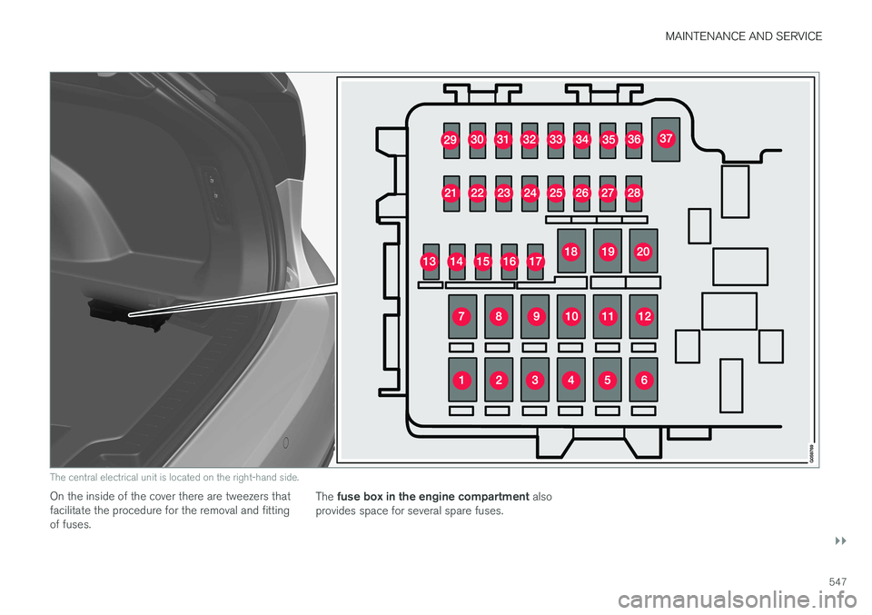 VOLVO V90 2017  Owners Manual MAINTENANCE AND SERVICE
}}
547
The central electrical unit is located on the right-hand side.
On the inside of the cover there are tweezers that facilitate the procedure for the removal and fittingof 