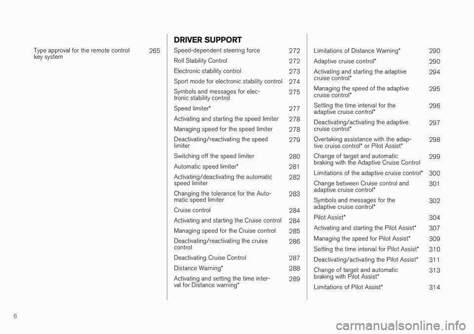 VOLVO V90 2017 Owners Manual 6
Type approval for the remote control key system265
DRIVER SUPPORT
Speed-dependent steering force
272
Roll Stability Control 272
Electronic stability control 273
Sport mode for electronic stability VOLVO V90 2017 Owners Manual 6
Type approval for the remote control key system265
DRIVER SUPPORT
Speed-dependent steering force
272
Roll Stability Control 272
Electronic stability control 273
Sport mode for electronic stability