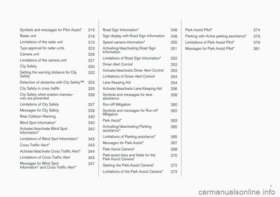 VOLVO V90 2017 Owners Manual 7
Symbols and messages for Pilot Assist*
316
Radar unit 318
Limitations of the radar unit 319
Type approval for radar units 323
Camera unit 326
Limitations of the camera unit 327
City Safety 330
Set VOLVO V90 2017 Owners Manual 7
Symbols and messages for Pilot Assist*
316
Radar unit 318
Limitations of the radar unit 319
Type approval for radar units 323
Camera unit 326
Limitations of the camera unit 327
City Safety 330
Set