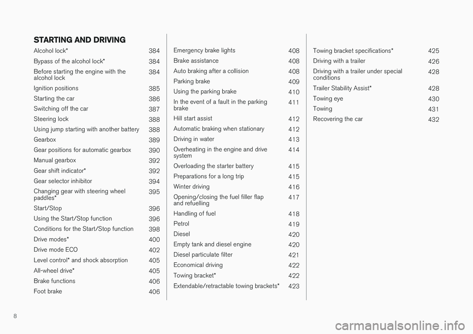 VOLVO V90 2017  Owners Manual 8
STARTING AND DRIVING
Alcohol lock*
384
Bypass of the alcohol lock *
384
Before starting the engine with the alcohol lock 384
Ignition positions 385
Starting the car 386
Switching off the car 387
Ste