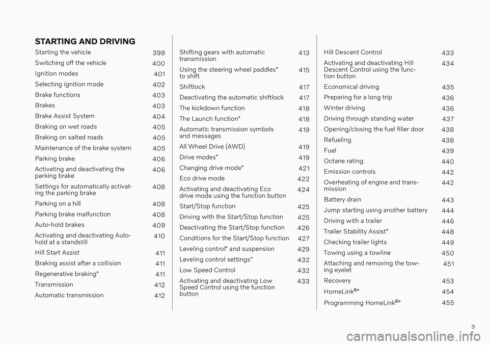 VOLVO V90 CROSS COUNTRY 2021  Owners Manual 9
STARTING AND DRIVING
Starting the vehicle398
Switching off the vehicle 400
Ignition modes 401
Selecting ignition mode 402
Brake functions 403
Brakes 403
Brake Assist System 404
Braking on wet roads 