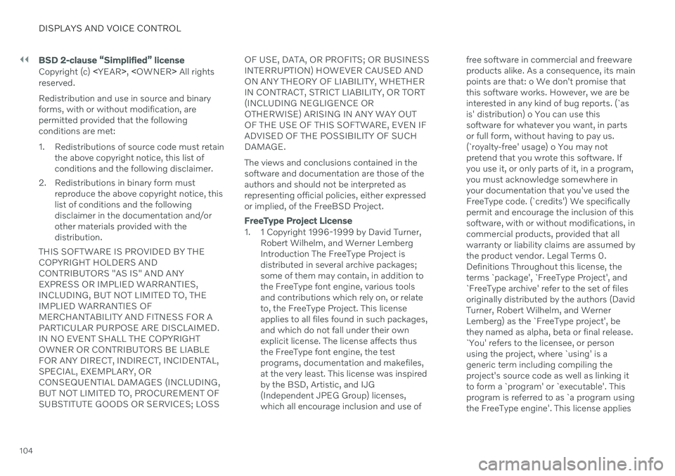 VOLVO V90 CROSS COUNTRY 2021 Owners Manual ||
DISPLAYS AND VOICE CONTROL
104
BSD 2-clause “Simplified” license
Copyright (c) <YEAR >, < OWNER > All rights
reserved. Redistribution and use in source and binary forms, with or without modific VOLVO V90 CROSS COUNTRY 2021 Owners Manual ||
DISPLAYS AND VOICE CONTROL
104
BSD 2-clause “Simplified” license
Copyright (c) <YEAR >, < OWNER > All rights
reserved. Redistribution and use in source and binary forms, with or without modific