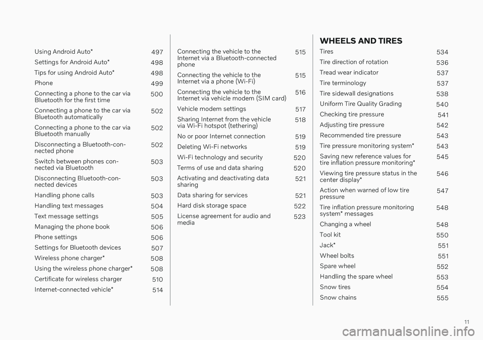 VOLVO V90 CROSS COUNTRY 2021 User Guide 11
Using Android Auto*
497
Settings for Android Auto *
498
Tips for using Android Auto *
498
Phone 499
Connecting a phone to the car via Bluetooth for the first time 500
Connecting a phone to the ca VOLVO V90 CROSS COUNTRY 2021 User Guide 11
Using Android Auto*
497
Settings for Android Auto *
498
Tips for using Android Auto *
498
Phone 499
Connecting a phone to the car via Bluetooth for the first time 500
Connecting a phone to the ca