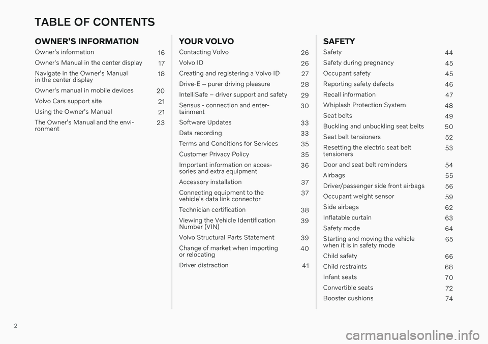 VOLVO V90 CROSS COUNTRY 2021  Owners Manual 2
OWNER'S INFORMATION
Owner's information16
Owner's Manual in the center display 17
Navigate in the Owner's Manual in the center display 18
Owner's manual in mobile devices 20
Volv