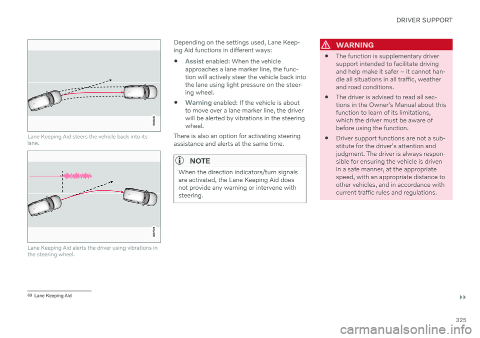 VOLVO V90 CROSS COUNTRY 2021 Owners Manual DRIVER SUPPORT
}}
325
Lane Keeping Aid steers the vehicle back into its lane.
Lane Keeping Aid alerts the driver using vibrations in the steering wheel.
Depending on the settings used, Lane Keep- ing VOLVO V90 CROSS COUNTRY 2021 Owners Manual DRIVER SUPPORT
}}
325
Lane Keeping Aid steers the vehicle back into its lane.
Lane Keeping Aid alerts the driver using vibrations in the steering wheel.
Depending on the settings used, Lane Keep- ing