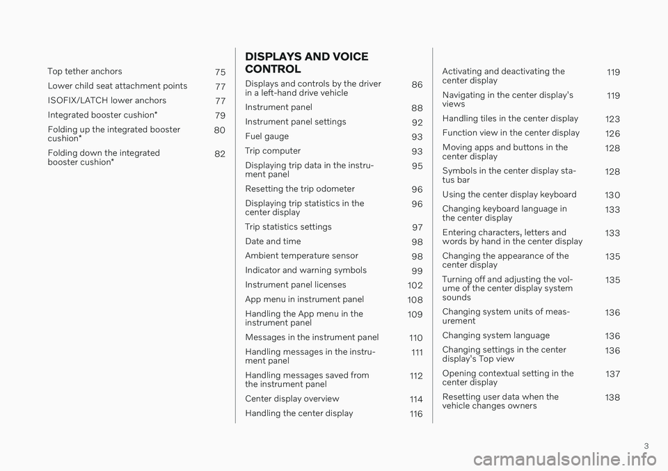 VOLVO V90 CROSS COUNTRY 2021  Owners Manual 3
 
Top tether anchors75
Lower child seat attachment points 77
ISOFIX/LATCH lower anchors 77
Integrated booster cushion *
79
Folding up the integrated booster cushion * 80
Folding down the integratedb