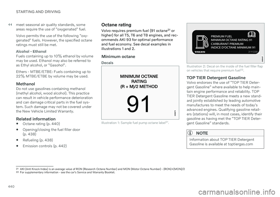 VOLVO V90 CROSS COUNTRY 2021  Owners Manual ||
STARTING AND DRIVING
440meet seasonal air quality standards, some areas require the use of "oxygenated" fuel. Volvo permits the use of the following "oxy- genated" fuels. However, t