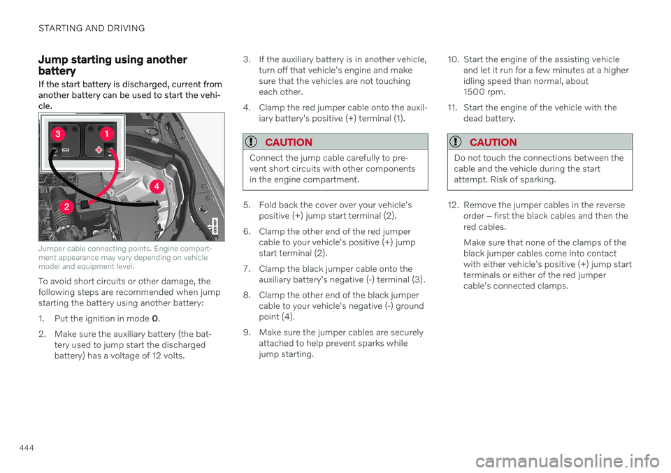 VOLVO V90 CROSS COUNTRY 2021  Owners Manual STARTING AND DRIVING
444
Jump starting using another battery If the start battery is discharged, current from another battery can be used to start the vehi-cle.
Jumper cable connecting points. Engine 