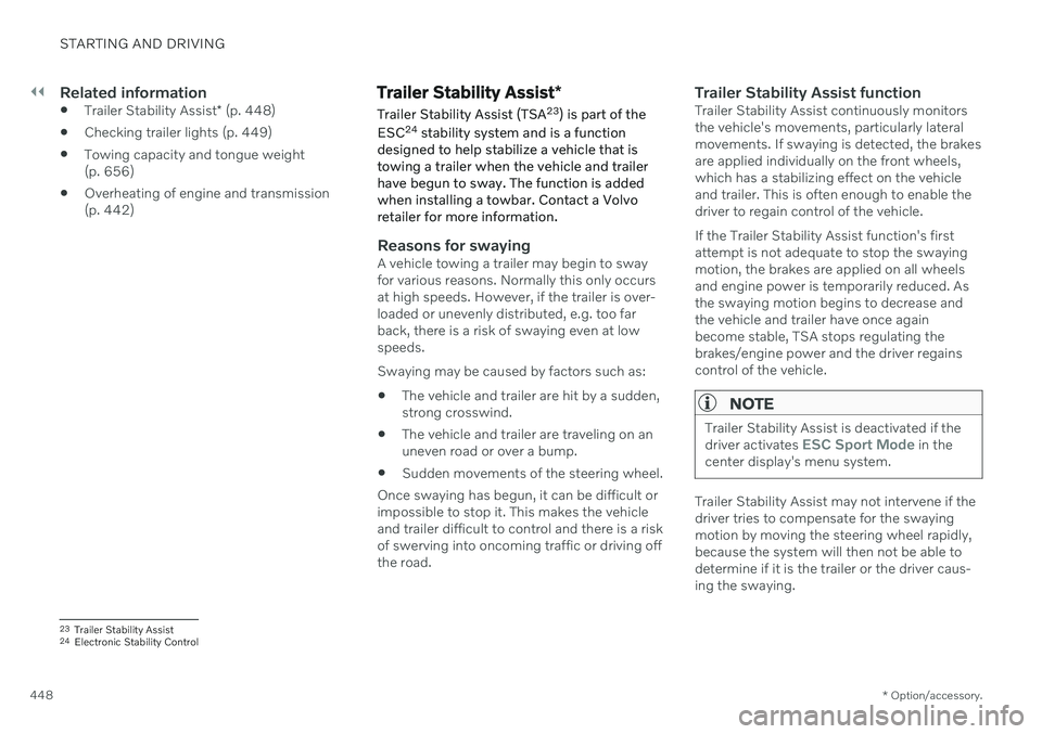 VOLVO V90 CROSS COUNTRY 2021  Owners Manual ||
STARTING AND DRIVING
* Option/accessory.
448
Related information
 Trailer Stability Assist
* (p. 448)
 Checking trailer lights (p. 449)
 Towing capacity and tongue weight (p. 656)
 Overheating of e