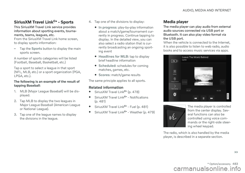 VOLVO V90 CROSS COUNTRY 2021  Owners Manual AUDIO, MEDIA AND INTERNET
}}
* Option/accessory.483
SiriusXM Travel Link ®
* - Sports
This SiriusXM Travel Link service provides information about sporting events, tourna-ments, teams, leagues, etc.
