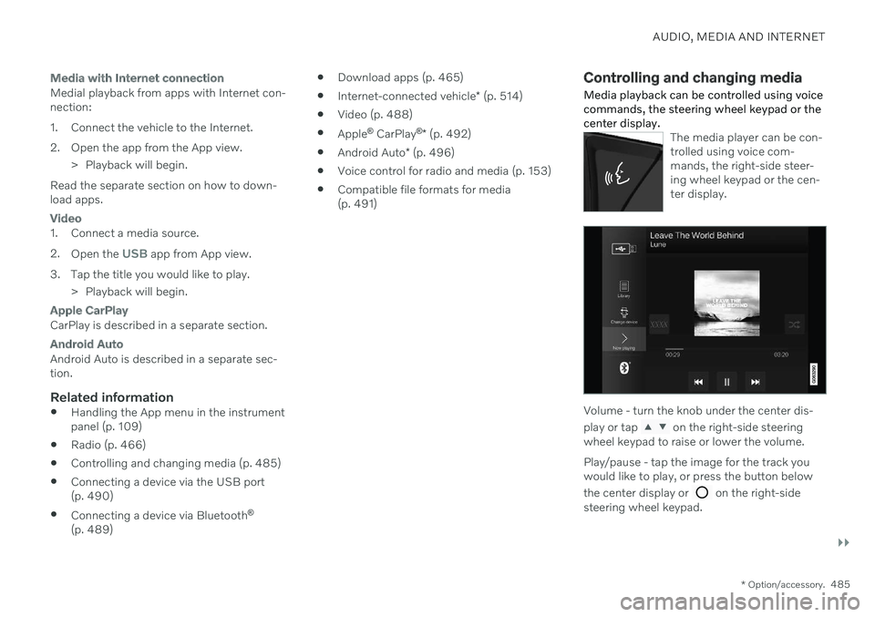 VOLVO V90 CROSS COUNTRY 2021  Owners Manual AUDIO, MEDIA AND INTERNET
}}
* Option/accessory.485
Media with Internet connection
Medial playback from apps with Internet con- nection: 
1. Connect the vehicle to the Internet. 
2. Open the app from 