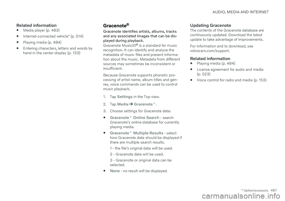 VOLVO V90 CROSS COUNTRY 2021  Owners Manual AUDIO, MEDIA AND INTERNET
* Option/accessory.487
Related information
Media player (p. 483)
 Internet-connected vehicle
* (p. 514)
 Playing media (p. 484)
 Entering characters, letters and words by han