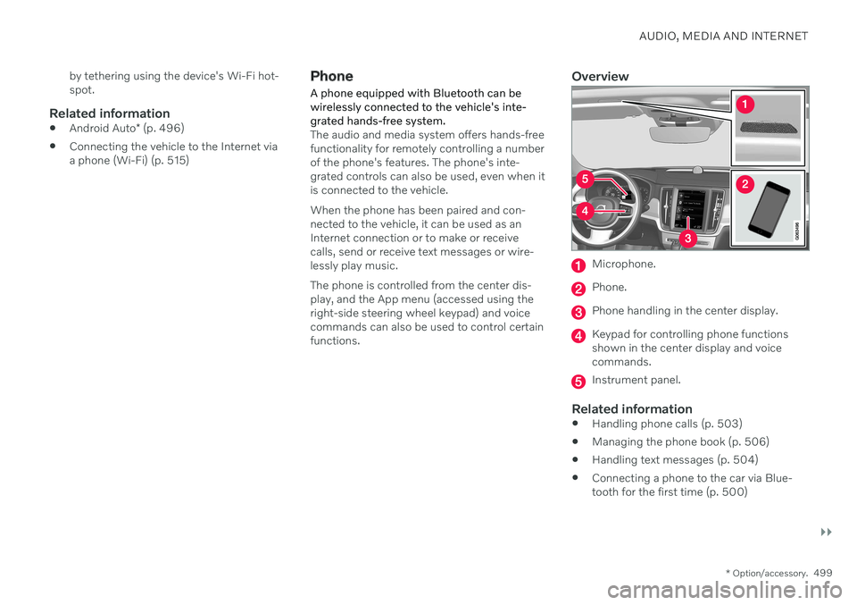 VOLVO V90 CROSS COUNTRY 2021  Owners Manual AUDIO, MEDIA AND INTERNET
}}
* Option/accessory.499
by tethering using the device's Wi-Fi hot- spot.
Related information

Android Auto
* (p. 496)
 Connecting the vehicle to the Internet viaa phone