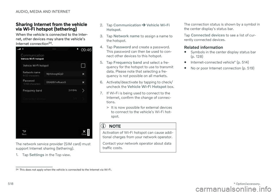 VOLVO V90 CROSS COUNTRY 2021  Owners Manual AUDIO, MEDIA AND INTERNET
* Option/accessory.
518
Sharing Internet from the vehicle via Wi-Fi hotspot (tethering)
When the vehicle is connected to the Inter- net, other devices may share the vehicle&#