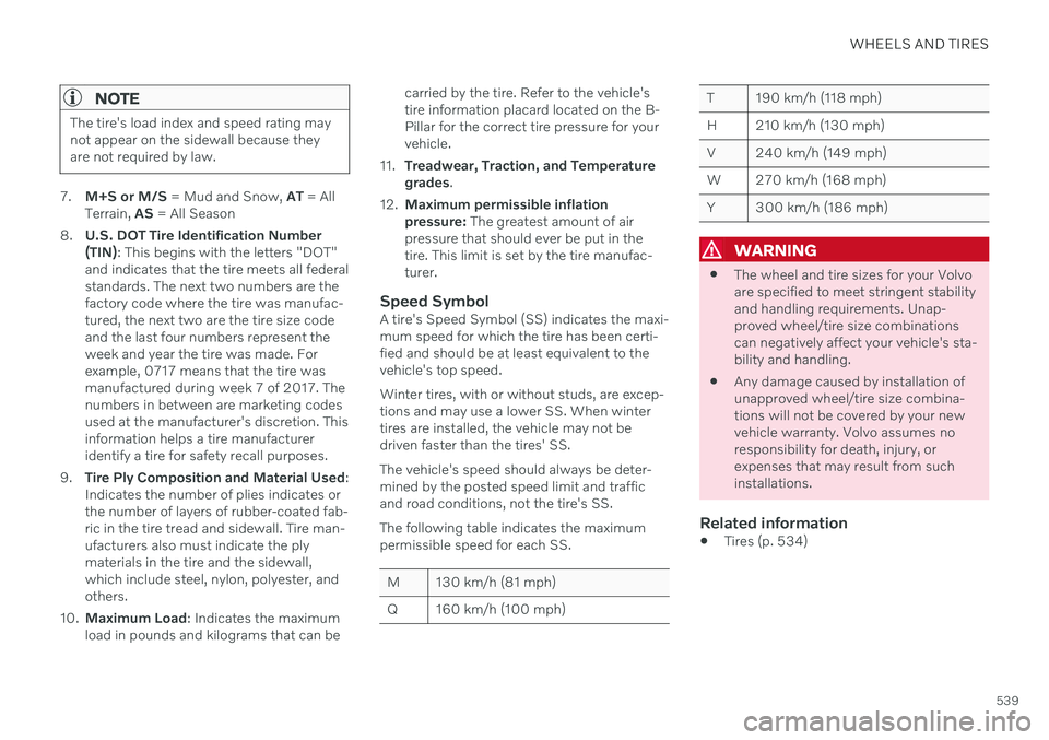 VOLVO V90 CROSS COUNTRY 2021  Owners Manual WHEELS AND TIRES
539
NOTE
The tire's load index and speed rating may not appear on the sidewall because theyare not required by law.
7.M+S or M/S  = Mud and Snow,  AT = All
Terrain,  AS = All Seas