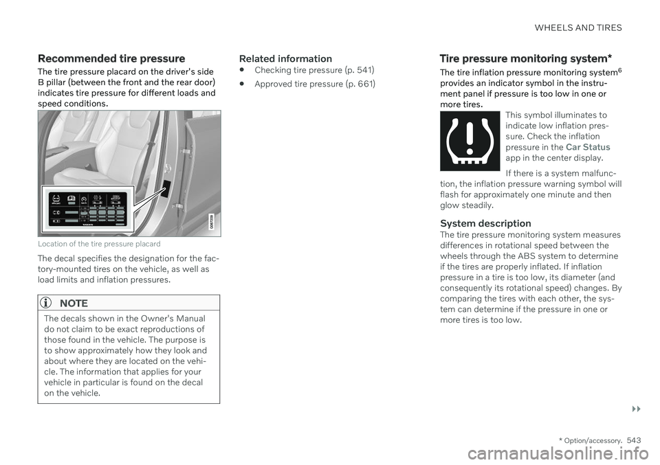 VOLVO V90 CROSS COUNTRY 2021  Owners Manual WHEELS AND TIRES
}}
* Option/accessory.543
Recommended tire pressure
The tire pressure placard on the driver's side B pillar (between the front and the rear door)indicates tire pressure for differ