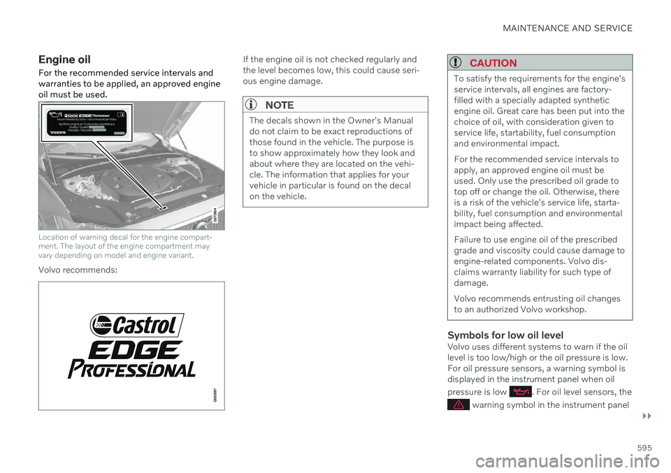 VOLVO V90 CROSS COUNTRY 2021  Owners Manual MAINTENANCE AND SERVICE
}}
595
Engine oil For the recommended service intervals and warranties to be applied, an approved engineoil must be used.
Location of warning decal for the engine compart- ment