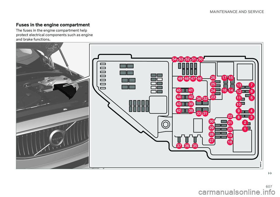 VOLVO V90 CROSS COUNTRY 2021 Owners Manual MAINTENANCE AND SERVICE
}}
607
Fuses in the engine compartment The fuses in the engine compartment help protect electrical components such as engineand brake functions. VOLVO V90 CROSS COUNTRY 2021 Owners Manual MAINTENANCE AND SERVICE
}}
607
Fuses in the engine compartment The fuses in the engine compartment help protect electrical components such as engineand brake functions.