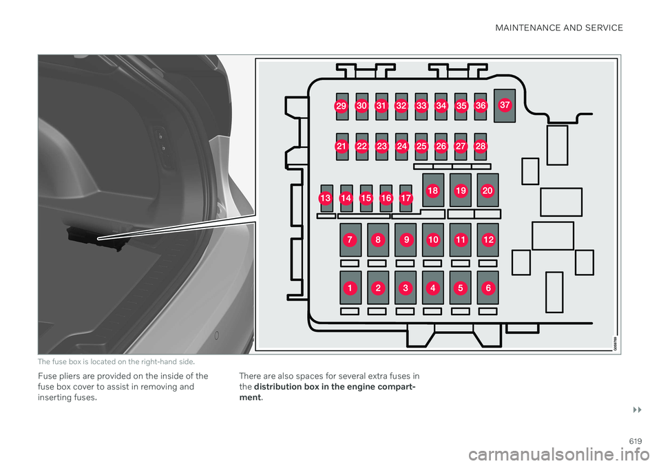 VOLVO V90 CROSS COUNTRY 2021 Owners Manual MAINTENANCE AND SERVICE
}}
619
The fuse box is located on the right-hand side.
Fuse pliers are provided on the inside of the fuse box cover to assist in removing andinserting fuses.There are also spac VOLVO V90 CROSS COUNTRY 2021 Owners Manual MAINTENANCE AND SERVICE
}}
619
The fuse box is located on the right-hand side.
Fuse pliers are provided on the inside of the fuse box cover to assist in removing andinserting fuses.There are also spac