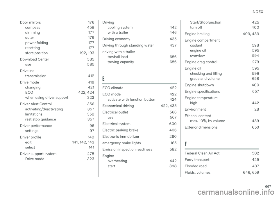 VOLVO V90 CROSS COUNTRY 2021 Owners Manual INDEX
667
Door mirrors 176
compass 458
dimming 177
outer 176
power folding 177
resetting 177
store position 192, 193
Download Center 585 use 585
Driveline transmission 412
Drive mode 419 changing 421 VOLVO V90 CROSS COUNTRY 2021 Owners Manual INDEX
667
Door mirrors 176
compass 458
dimming 177
outer 176
power folding 177
resetting 177
store position 192, 193
Download Center 585 use 585
Driveline transmission 412
Drive mode 419 changing 421