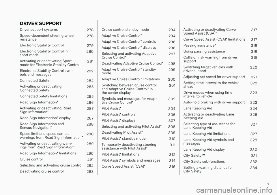 VOLVO V90 CROSS COUNTRY 2021  Owners Manual 7
DRIVER SUPPORT
Driver support systems278
Speed-dependent steering wheel resistance 278
Electronic Stability Control 279
Electronic Stability Control insport mode 280
Activating or deactivating Sport