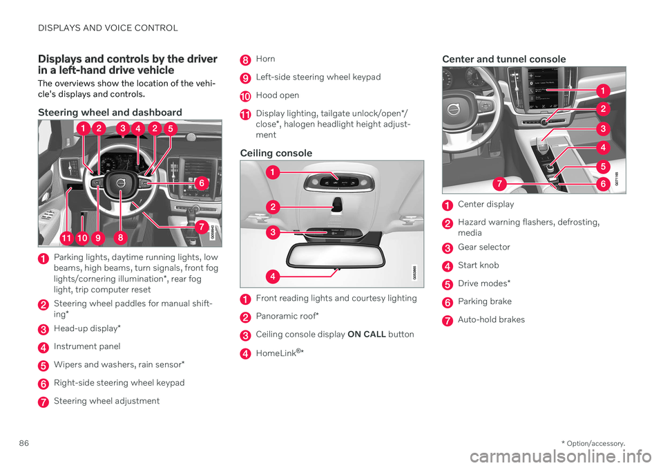 VOLVO V90 CROSS COUNTRY 2021 User Guide DISPLAYS AND VOICE CONTROL
* Option/accessory.
86
Displays and controls by the driver in a left-hand drive vehicle
The overviews show the location of the vehi- cle's displays and controls.
Steerin VOLVO V90 CROSS COUNTRY 2021 User Guide DISPLAYS AND VOICE CONTROL
* Option/accessory.
86
Displays and controls by the driver in a left-hand drive vehicle
The overviews show the location of the vehi- cle's displays and controls.
Steerin