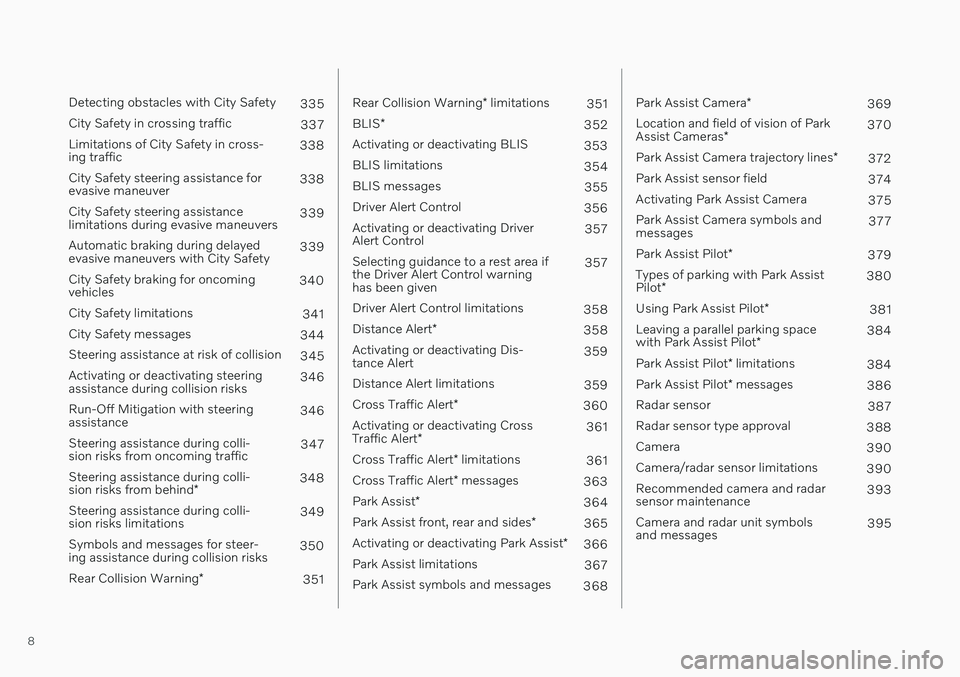 VOLVO V90 CROSS COUNTRY 2021  Owners Manual 8
 
Detecting obstacles with City Safety335
City Safety in crossing traffic 337
Limitations of City Safety in cross- ing traffic 338
City Safety steering assistance forevasive maneuver 338
City Safety