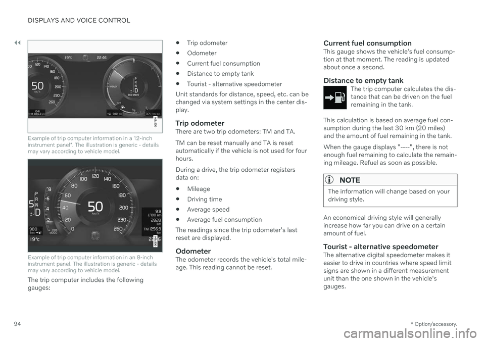VOLVO V90 CROSS COUNTRY 2021 Owners Manual ||
DISPLAYS AND VOICE CONTROL
* Option/accessory.
94
Example of trip computer information in a 12-inch instrument panel *. The illustration is generic - details
may vary according to vehicle model.
Ex VOLVO V90 CROSS COUNTRY 2021 Owners Manual ||
DISPLAYS AND VOICE CONTROL
* Option/accessory.
94
Example of trip computer information in a 12-inch instrument panel *. The illustration is generic - details
may vary according to vehicle model.
Ex