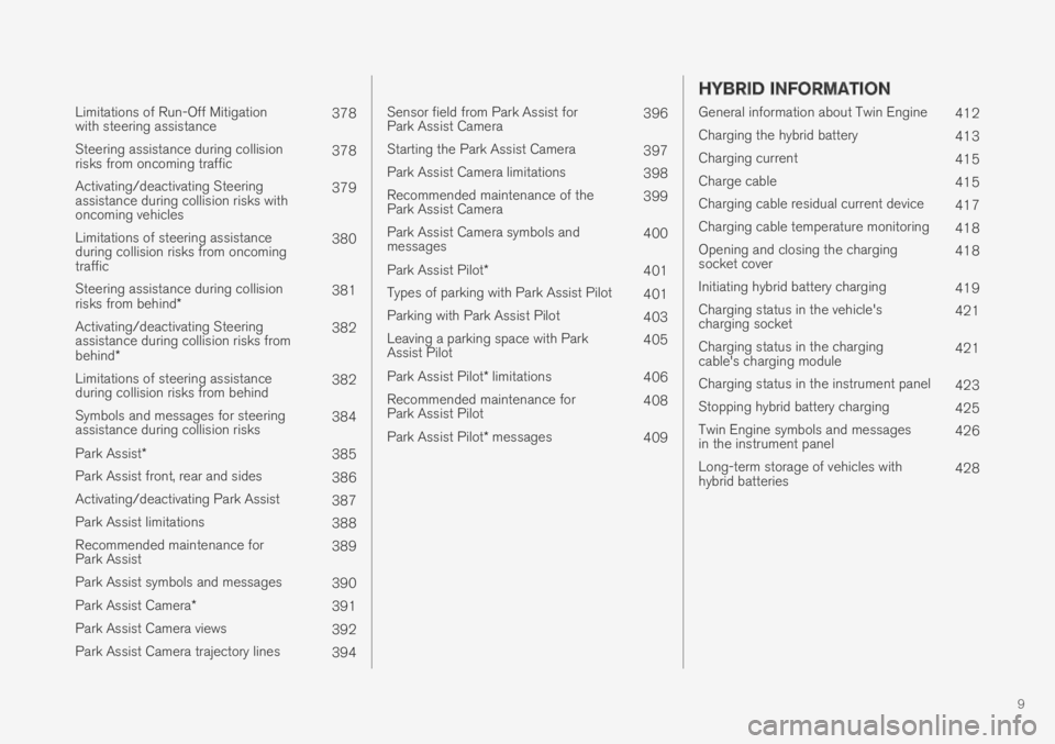VOLVO XC60 TWIN ENGINE 2019 User Guide 9
 
Limitations of Run-Off Mitigationwith steering assistance378
Steering assistance during collisionrisks from oncoming traffic378
Activating/deactivating Steeringassistance during collision risks wi