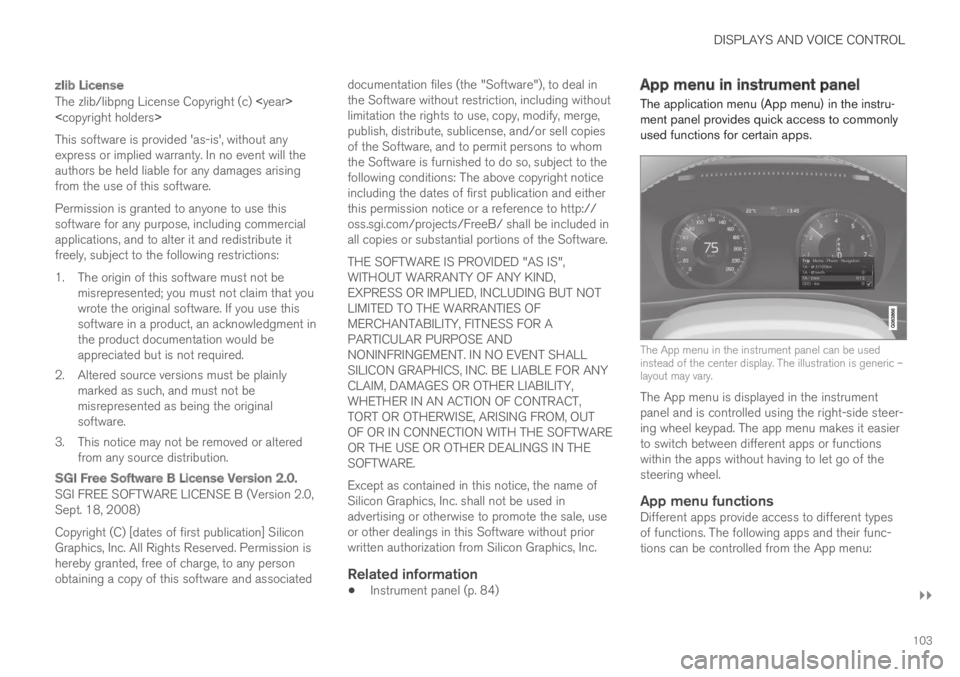 VOLVO XC60 TWIN ENGINE 2019 Owners Manual DISPLAYS AND VOICE CONTROL
}}
103
zlib License
The zlib/libpng License Copyright (c) <year><copyright holders>
This software is provided 'as-is', without anyexpress or implied warranty. In no VOLVO XC60 TWIN ENGINE 2019 Owners Manual DISPLAYS AND VOICE CONTROL
}}
103
zlib License
The zlib/libpng License Copyright (c) <year><copyright holders>
This software is provided 'as-is', without anyexpress or implied warranty. In no
