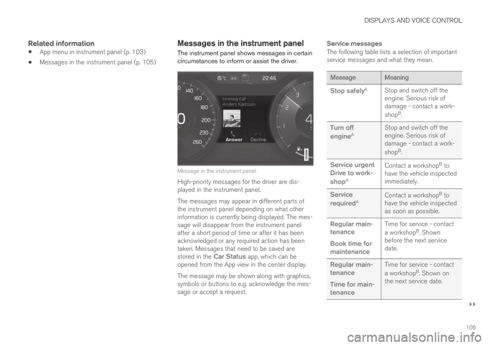 VOLVO XC60 TWIN ENGINE 2019 Owners Manual DISPLAYS AND VOICE CONTROL
}}
105
Related information
App menu in instrument panel (p. 103)
Messages in the instrument panel (p. 105)
Messages in the instrument panel
The instrument panel shows messa VOLVO XC60 TWIN ENGINE 2019 Owners Manual DISPLAYS AND VOICE CONTROL
}}
105
Related information
App menu in instrument panel (p. 103)
Messages in the instrument panel (p. 105)
Messages in the instrument panel
The instrument panel shows messa