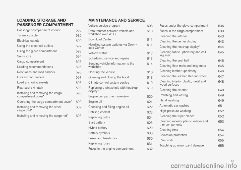 VOLVO XC60 TWIN ENGINE 2019 User Guide 13
LOADING, STORAGE AND
PASSENGER COMPARTMENT
Passenger compartment interior588
Tunnel console589
Electrical outlets590
Using the electrical outlets592
Using the glove compartment593
Sun visors594
Car