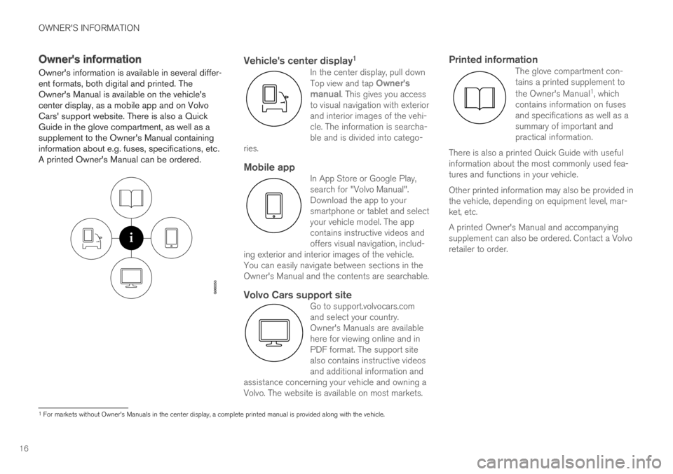 VOLVO XC60 TWIN ENGINE 2019  Owners Manual OWNER'S INFORMATION
16
Owner's information
Owners information is available in several differ-ent formats, both digital and printed. TheOwners Manual is available on the vehiclescenter displ