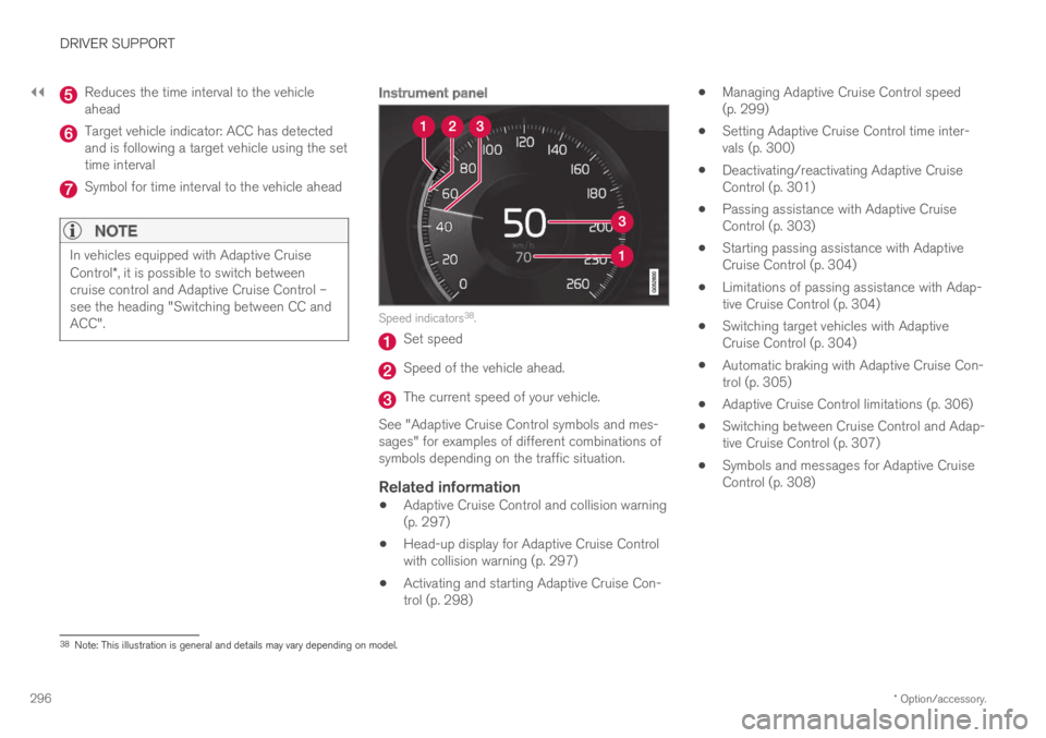 VOLVO XC60 TWIN ENGINE 2019 Owners Manual ||
DRIVER SUPPORT
* Option/accessory.296
Reduces the time interval to the vehicleahead
Target vehicle indicator: ACC has detectedand is following a target vehicle using the settime interval
Symbol for VOLVO XC60 TWIN ENGINE 2019 Owners Manual ||
DRIVER SUPPORT
* Option/accessory.296
Reduces the time interval to the vehicleahead
Target vehicle indicator: ACC has detectedand is following a target vehicle using the settime interval
Symbol for