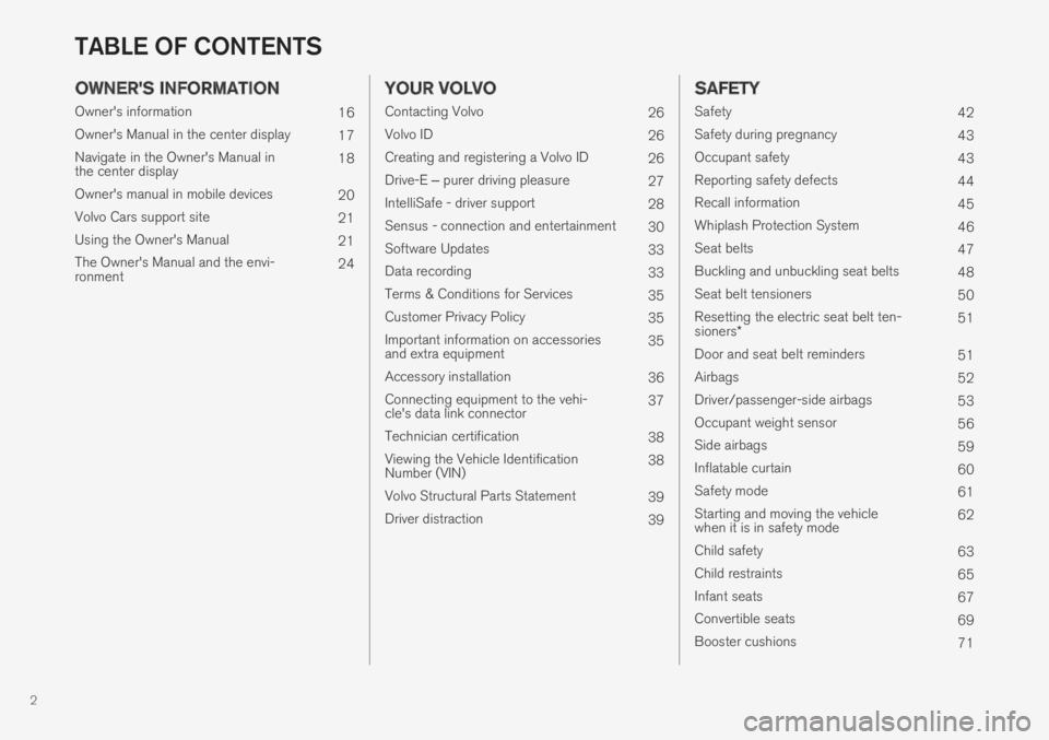 VOLVO XC60 TWIN ENGINE 2019  Owners Manual 2
OWNER'S INFORMATION
Owner's information16
Owner's Manual in the center display17
Navigate in the Owner's Manual inthe center display18
Owner's manual in mobile devices20
Volvo Ca