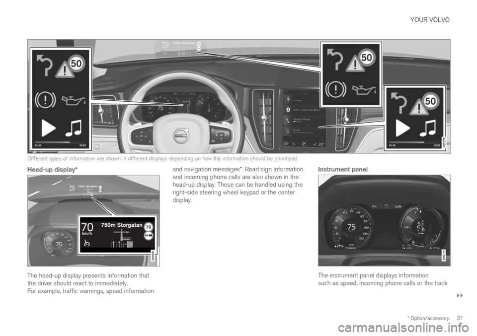 VOLVO XC60 TWIN ENGINE 2019 Owners Guide YOUR VOLVO
}}
* Option/accessory.31
Different types of information are shown in different displays depending on how the information should be prioritized.

Head-up display *
The head-up display presen