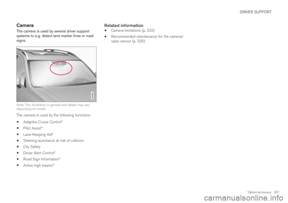 VOLVO XC60 TWIN ENGINE 2019 Workshop Manual DRIVER SUPPORT
* Option/accessory.331
Camera
The camera is used by several driver supportsystems to e.g. detect lane marker lines or roadsigns.
Note: This illustration is general and details may varyd VOLVO XC60 TWIN ENGINE 2019 Workshop Manual DRIVER SUPPORT
* Option/accessory.331
Camera
The camera is used by several driver supportsystems to e.g. detect lane marker lines or roadsigns.
Note: This illustration is general and details may varyd