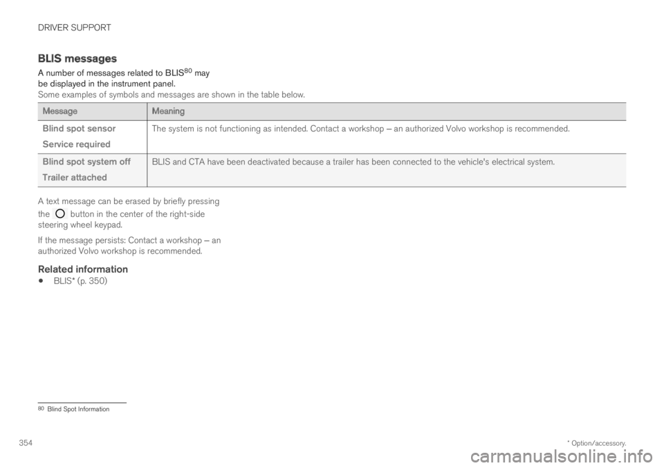 VOLVO XC60 TWIN ENGINE 2019 Repair Manual DRIVER SUPPORT
* Option/accessory.354
BLIS messages
A number of messages related to BLIS80 maybe displayed in the instrument panel.Some examples of symbols and messages are shown in the table below.
M VOLVO XC60 TWIN ENGINE 2019 Repair Manual DRIVER SUPPORT
* Option/accessory.354
BLIS messages
A number of messages related to BLIS80 maybe displayed in the instrument panel.Some examples of symbols and messages are shown in the table below.
M
