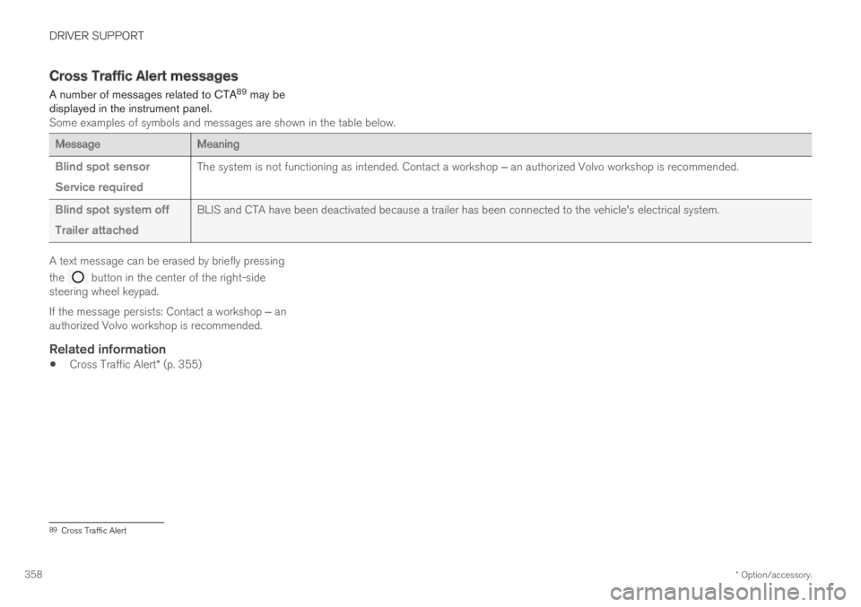 VOLVO XC60 TWIN ENGINE 2019 Manual PDF DRIVER SUPPORT
* Option/accessory.358
Cross Traffic Alert messages
A number of messages related to CTA89 may bedisplayed in the instrument panel.Some examples of symbols and messages are shown in the 
