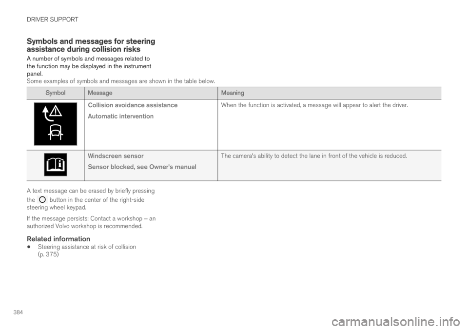 VOLVO XC60 TWIN ENGINE 2019 Manual PDF DRIVER SUPPORT
384
Symbols and messages for steeringassistance during collision risks
A number of symbols and messages related tothe function may be displayed in the instrumentpanel.Some examples of s